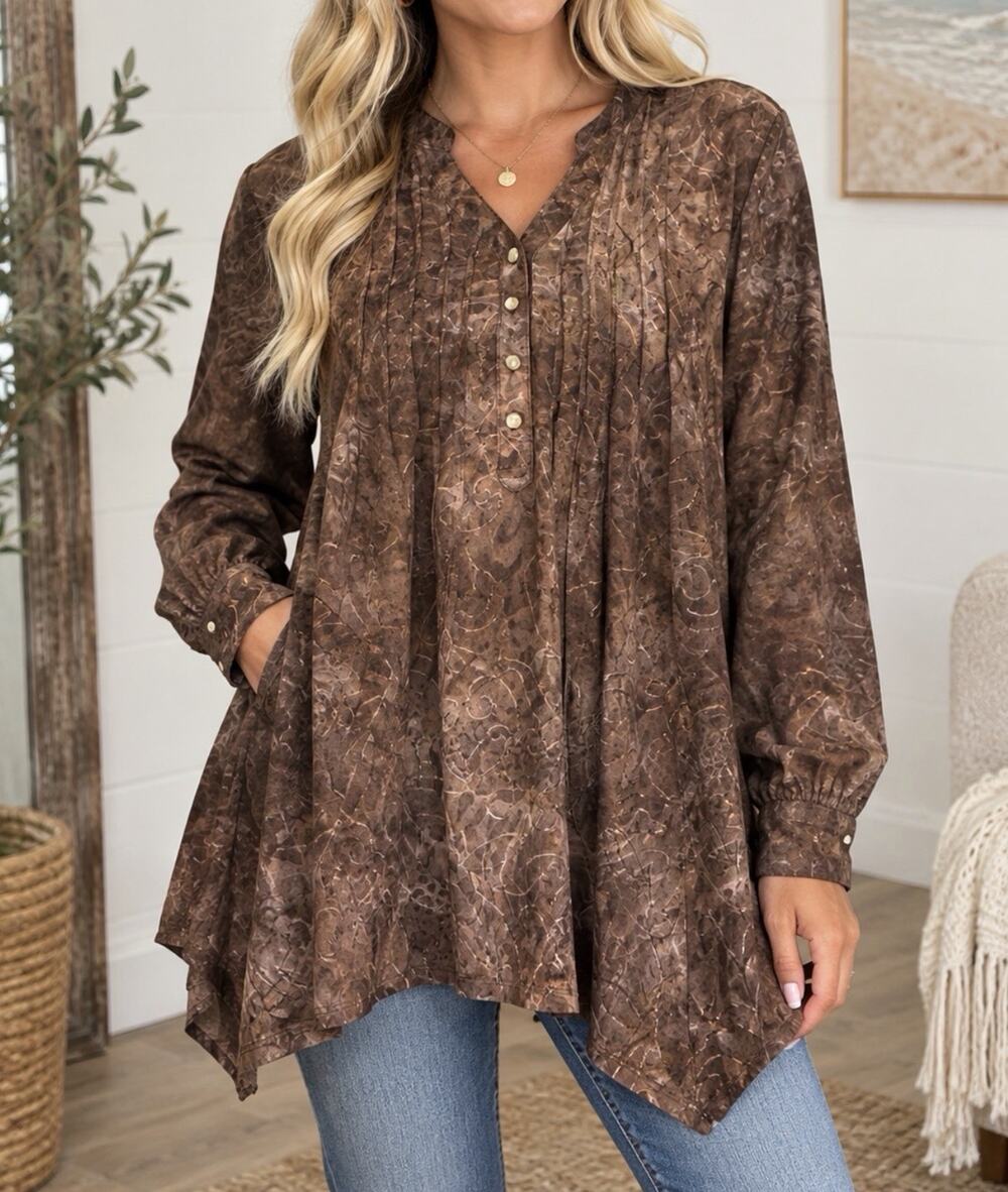 New Directions Petite Brown Paisley Tunic Top XL Long Sleeve Boho AK29